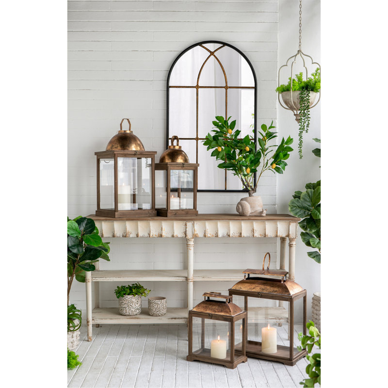 Console 63 x 19,5 x 35,5 po à trois niveaux en bois avec finition blanc vieilli et beige