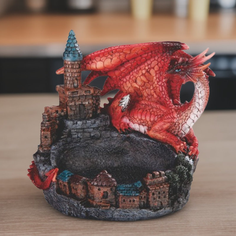 6"W Red Dragon with Castle Dish Figurine