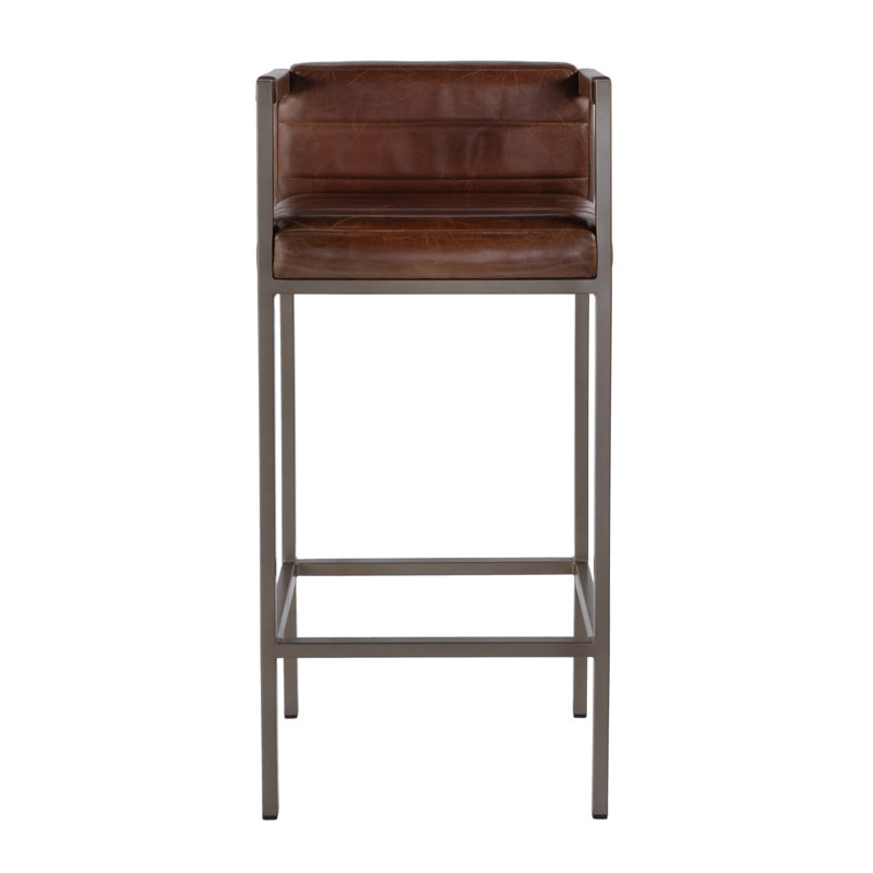 Dennis 31 in. Seat Height Leather and Iron Accent Stool with Low Back