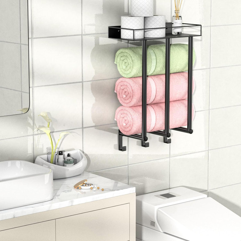 Porte-serviettes mural avec 3 barres, tablette en métal et 3 crochets - Organisateur de porte-serviettes compact pour petites salles de bain