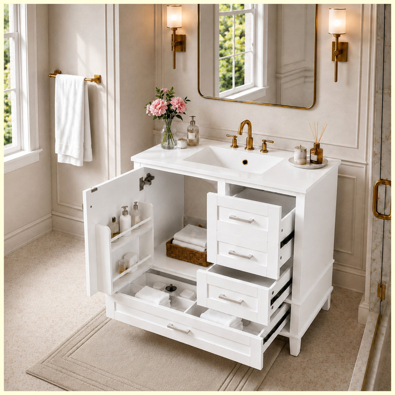 Meuble-lavabo moderne en bois massif 36 po avec rangement à fermeture en douceur