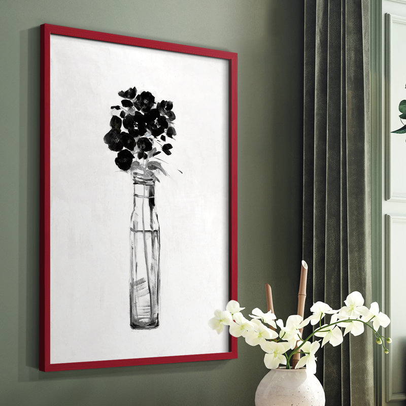 Impression florale noire et blanche sophistiquée I - bois massif, H 10 po x l 8 po, Rouge