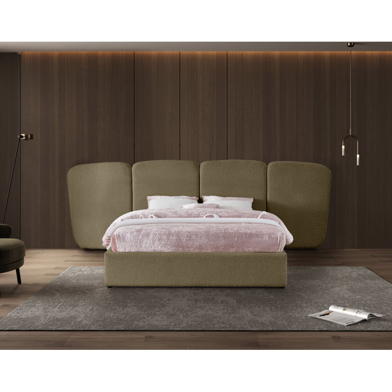 Shiloh Upholstered Platform Bed, Queen, Green Boucle Fabric