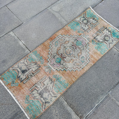 Vintage Handmade Turkish Runner Rug with Distressed Oushak Design in Wool Material