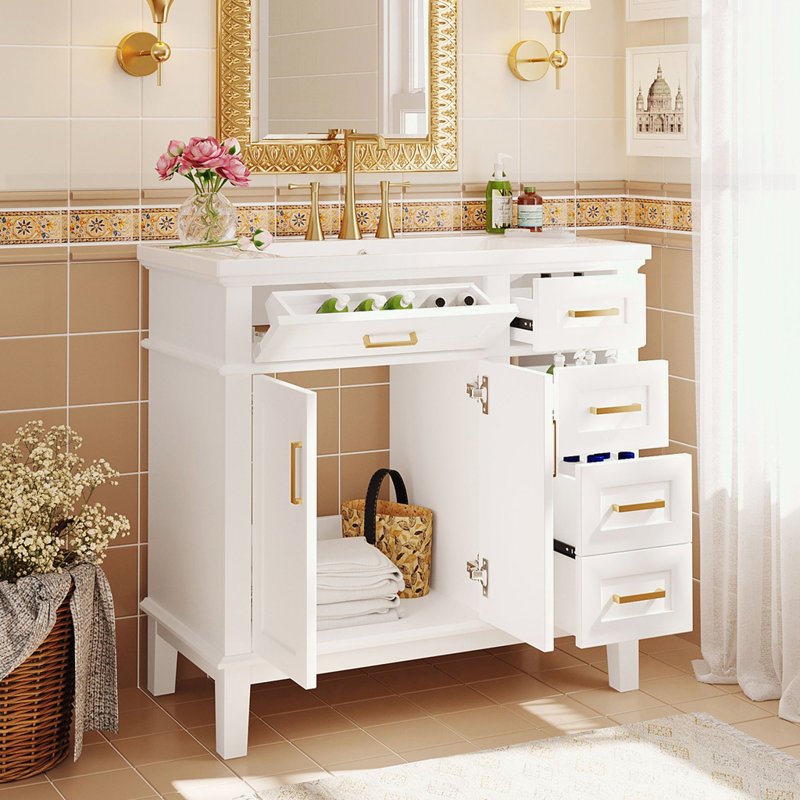 Meuble-lavabo moderne avec lavabo en résine, Blanc