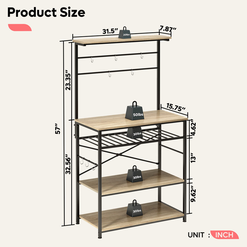 Étagère de boulanger standard en acier de 31,5 po avec micro-ondes Beene, Noir / chêne clair