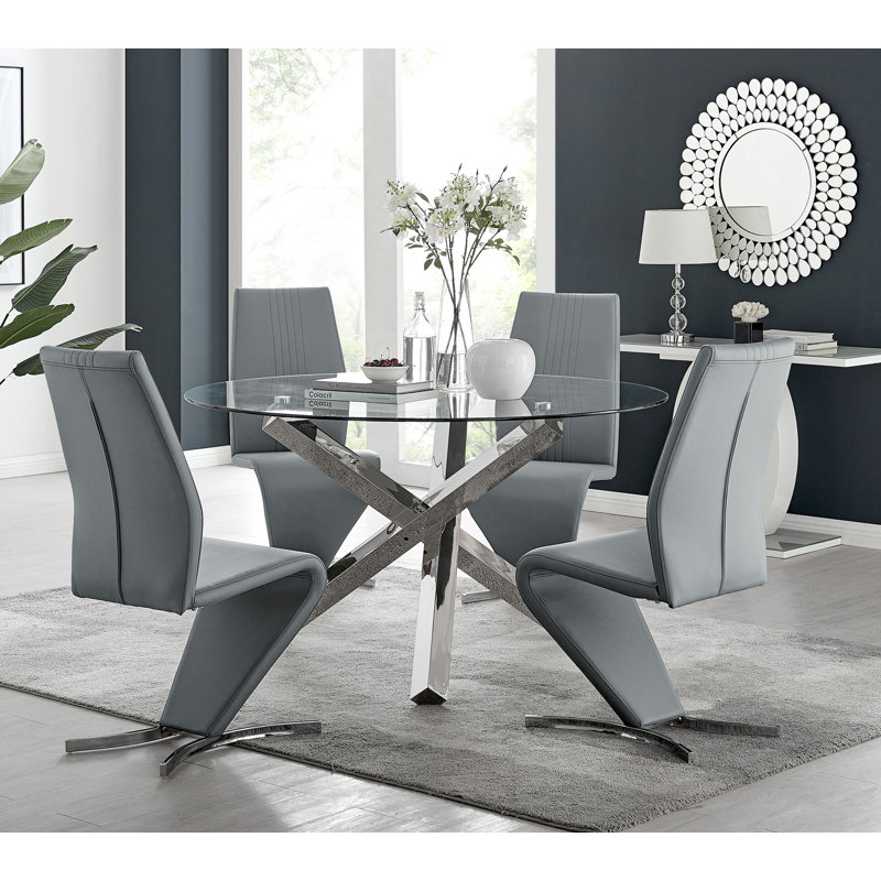 Vogo Modern Design Chrome and Glass Dining Table Set with 4 Modern Design Faux Leather Dining Chairs, Elephant Grey