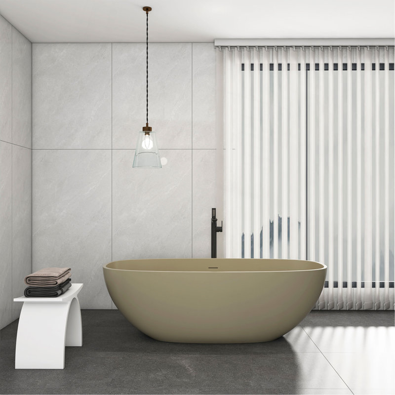 66.9 Inch Freestanding Solid Surface Soaking Bathtub For Bathroom, Khaki