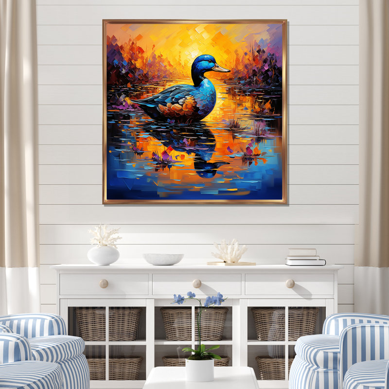 «Duck Morning Quack Lake I», art mural animal de canard, Cadre flottant doré, H 36 po x l 36 po x P 1,5 po