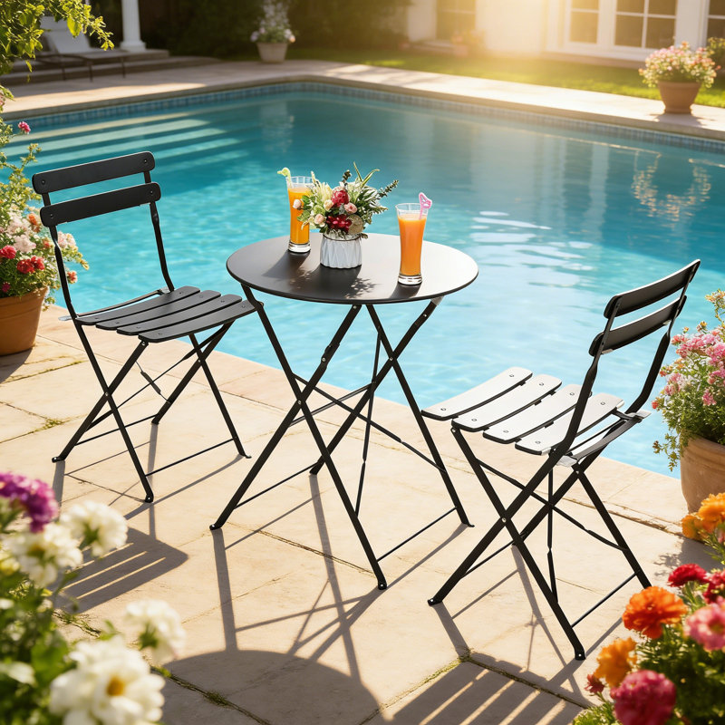 3-Piece Folding Patio Bistro Set – No Assembly, Water-Resistant Metal, Easy Storage , Black