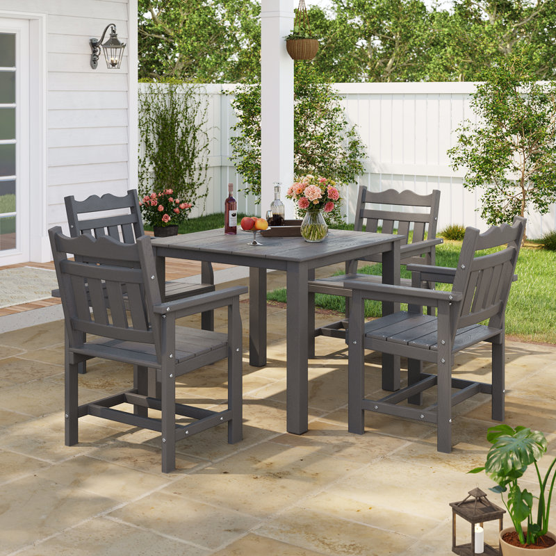 5 PCS Outdoor HIPS Dining Set, All-Weather Patio Table and Chairs W/ Umbrella Hole, Low Maintenance for Porch, Backyard, Gray