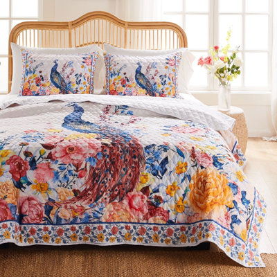 Tess Microfiber 3 Piece King Quilt Set, Peacock, Floral Print, Multicolor