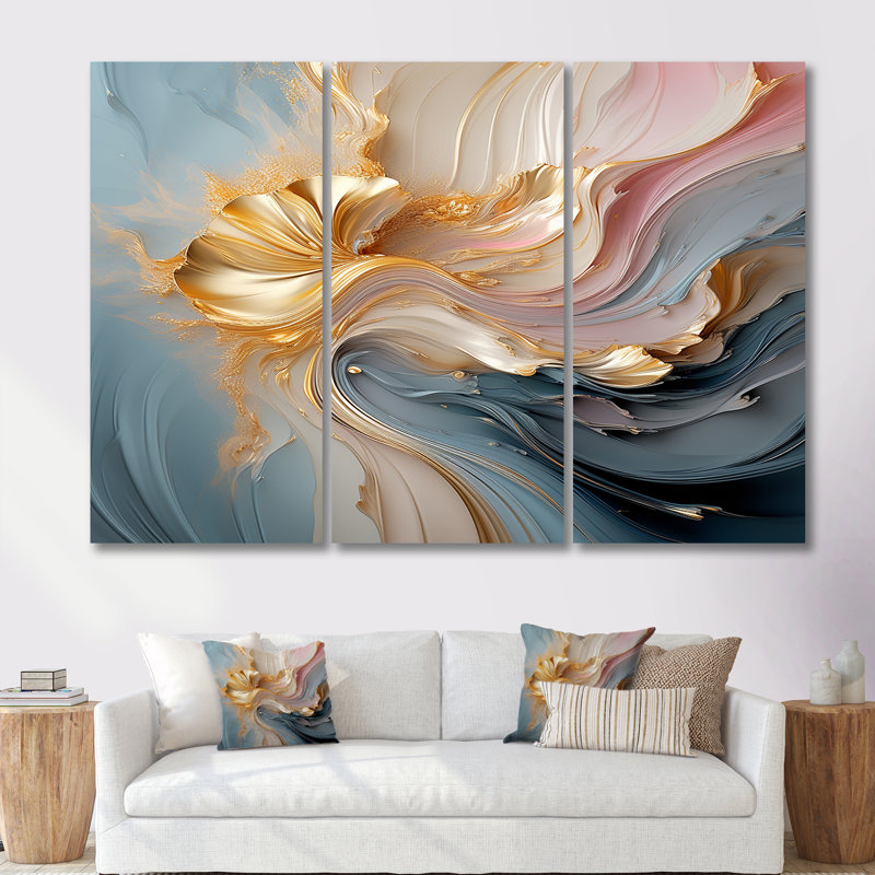 «Fluid Magnificence Pink Gold II», ensemble d'art mural abstrait à encre liquide, Toile tendue, H 40 po x l 60 po x P 1 po