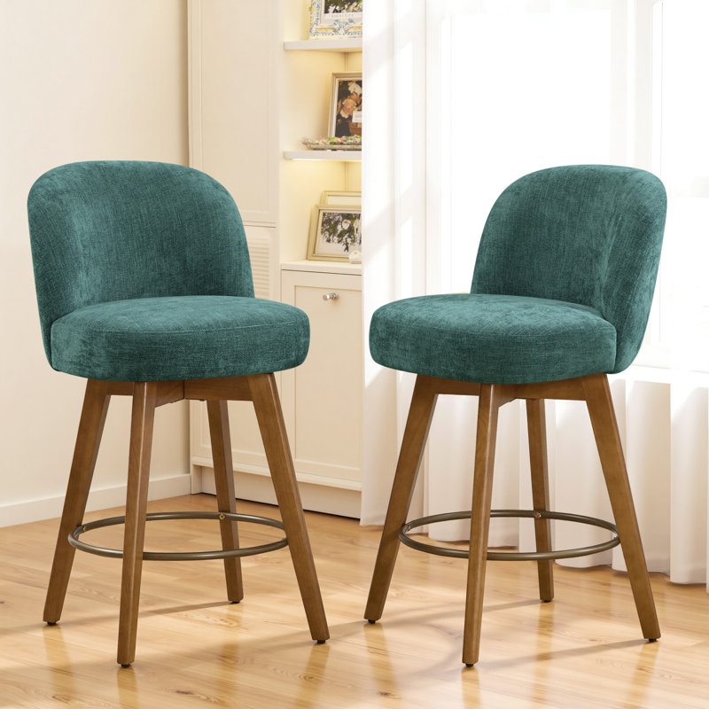 26" Swivel Upholstered Counter Stool With Solid Wood Frame And Mid Back, Dark Green/Chenille