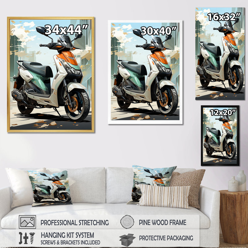 Scooter de ville blanc avec corail - impression d'art mural, Cadre photo noir, H 40 po x l 30 po x P 1,5 po