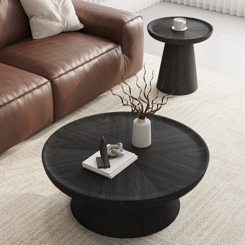 Nesting Round Coffee Table, Wood Cocktail Tables with Ash Side Table(Set of 2), Black