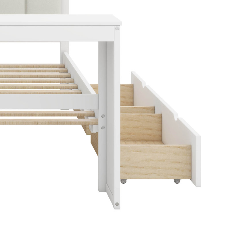 Lit plateforme double en bois avec tête de lit tapissier à DEL, tablettes de rangement, 2 tiroirs, chargement USB, couleurs ajustables et bureau intégré