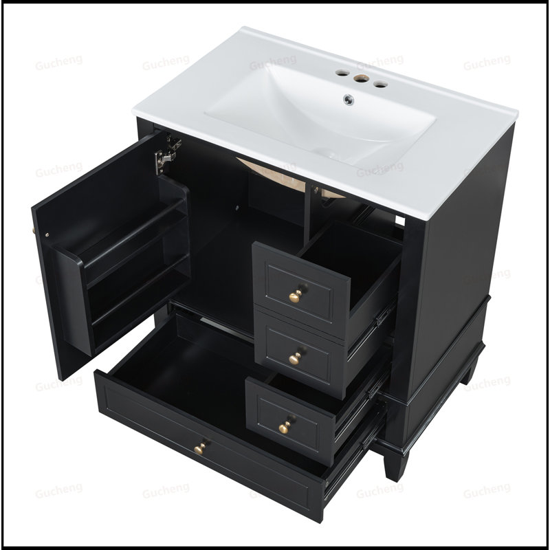 30" Bathroom Vanity With Sink,Left Door Right Drawer, Black