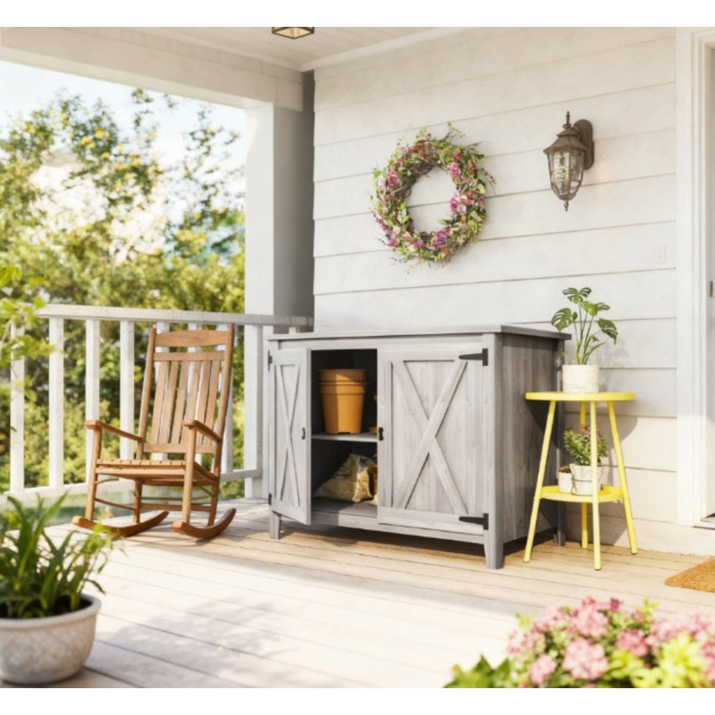 Armoire de rangement extérieure en bois avec tablette et portes doubles, Gris clair