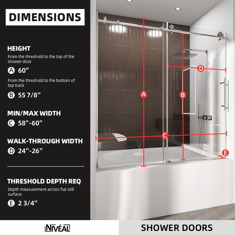 60'' - W x 60'' H Sliding Frameless Tub Door with Clear Glass, Silver