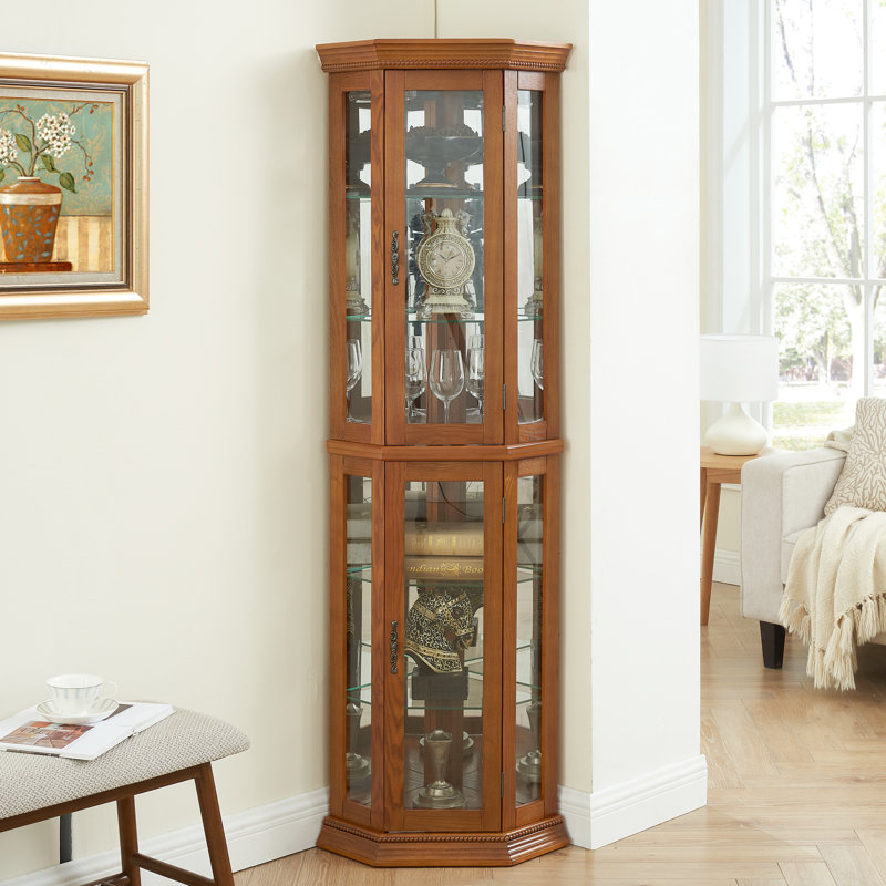 Exquisite Oak Corner Curio Cabinet With Glass Door & Shelves Display Shelving, Brown