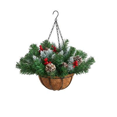 Christmas Hanging Basket with LED String Lights, Battery Operated Pre-Lit Artificial Christmas Decor with Pine Cones & Greenery, Lighted Xmas Hanging Decor for Porch, Front Door, Window, Holiday Party Decorations,AA Battery Not Included