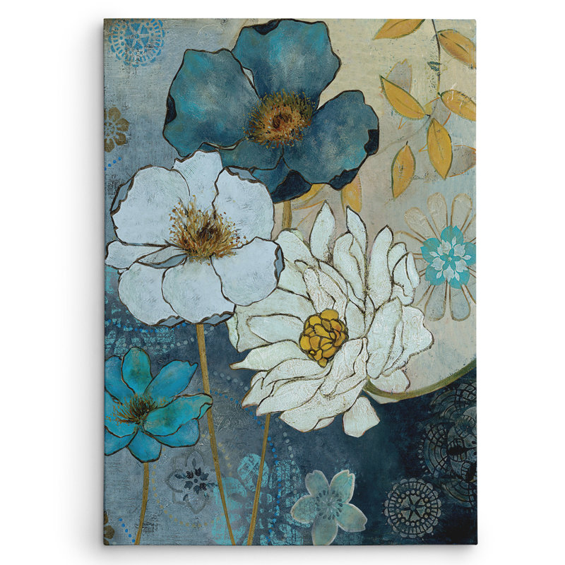 « blue denim jardin ii » par carol robinson, reproduction d’art sur toile tendue, H 36 po x l 48 po x P 1,5 po