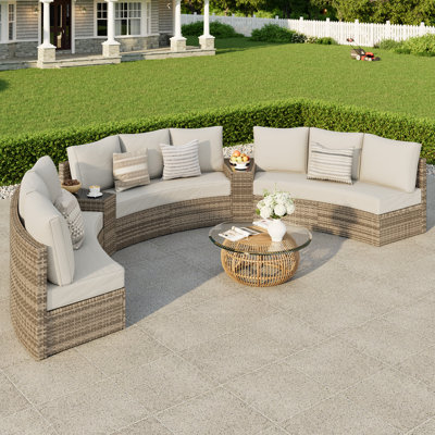 Leiny 11 Piece Rattan Sofa Seating Group With Cushions and Side Tables, Beige