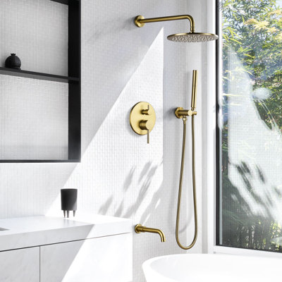 Système de douche Ialtruistic avec bec de baignoire, système de douche de pluie mural rond 10 fonctions à 3 fonctions, pomme de douche à pluie haute pression avec douchette à main 2 modes, systèmes de douche or brossé, IATF00S3BG