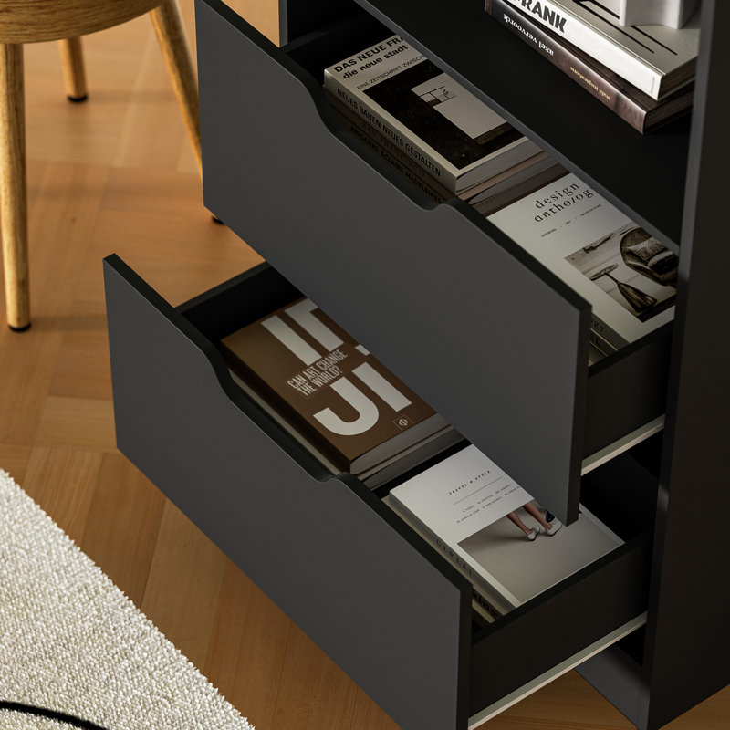 Bibliothèque à 2 tiroirs, bibliothèque à 3 niveaux de 63 po avec rangement, bibliothèque à 3 tablettes avec tablette réglable, bibliothèque moderne, bibliothèque à tablettes ouvertes pour bureau, chambre à coucher et bureau personnel, noir