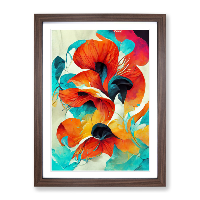 Flowing Abstract Flowers No.3 - Framed Print, 34cm H x 25cm W x 2cm D, Walnut