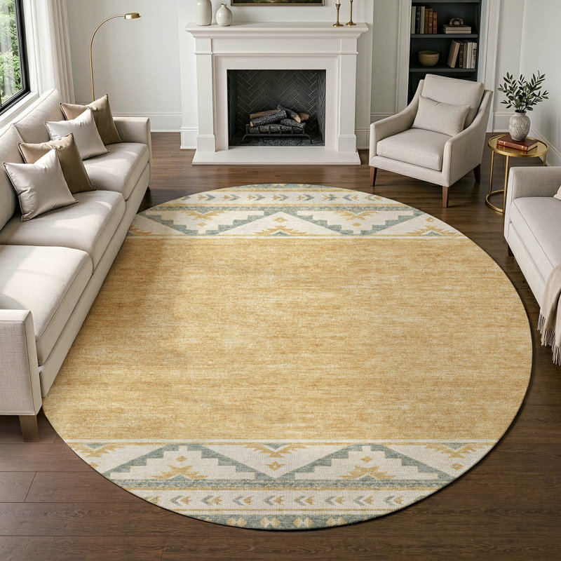 Tapis tribal Chantille ACN3075 lavable à la machine pour intérieur/extérieur, Doré, 8' Round