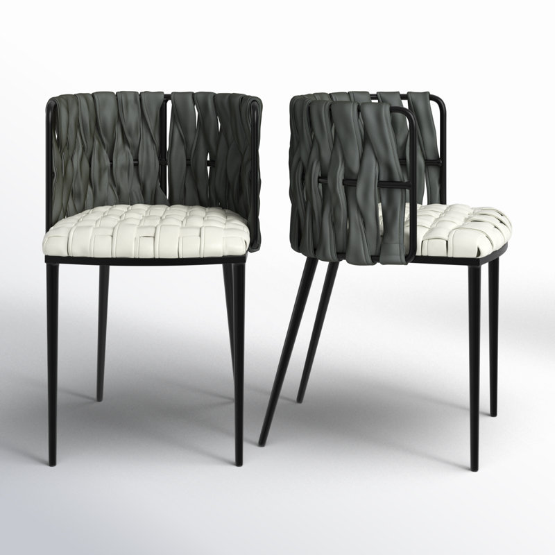 Ensemble de chaise de salle à manger avec accoudoirs tressés Tyrone, Noir, Similicuir gris / blanc