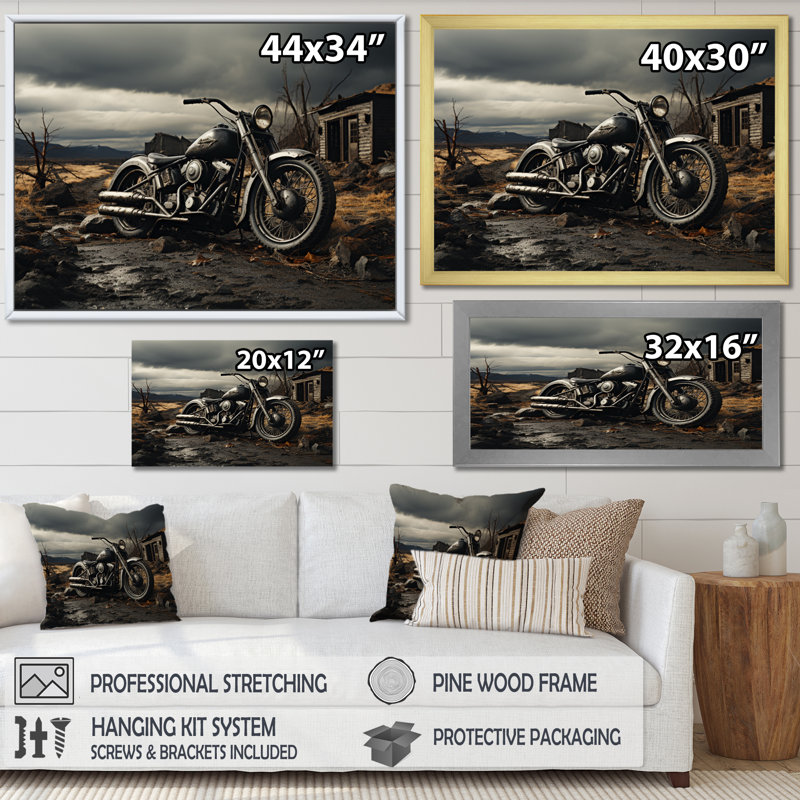 «Jaze Grey Moto», photographie de paysage monochrome encadrée sur toile, Cadre simple noir, H 16 po x l 32 po x P 1 po
