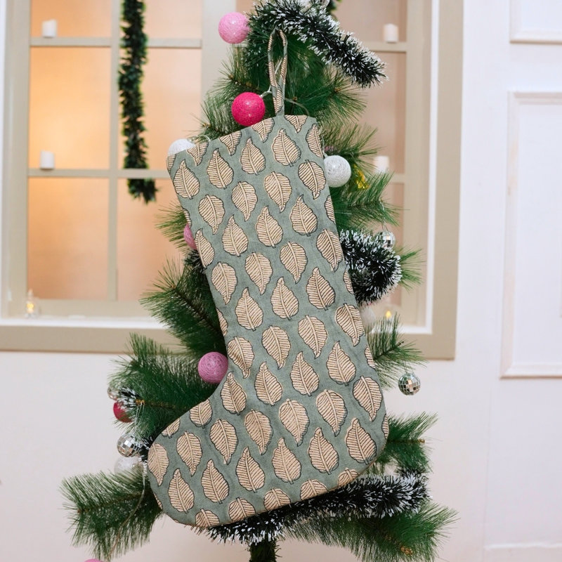  Chaussette de Noël en lin imprimée à la main à imprimé bloc festif - Panchi, H 16 po x l 6,5 po