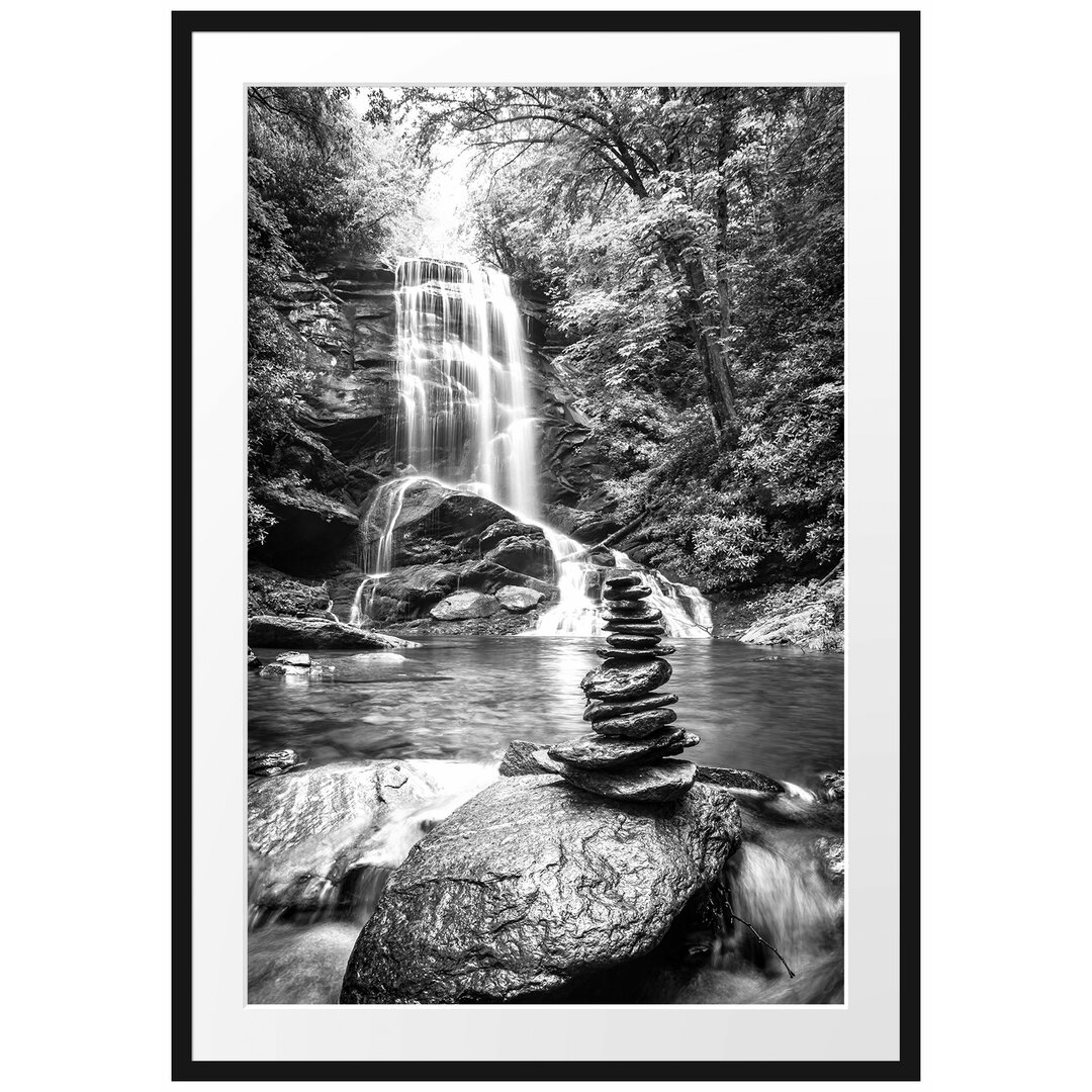 Gerahmtes Poster Zen Steine vor Wasserfall