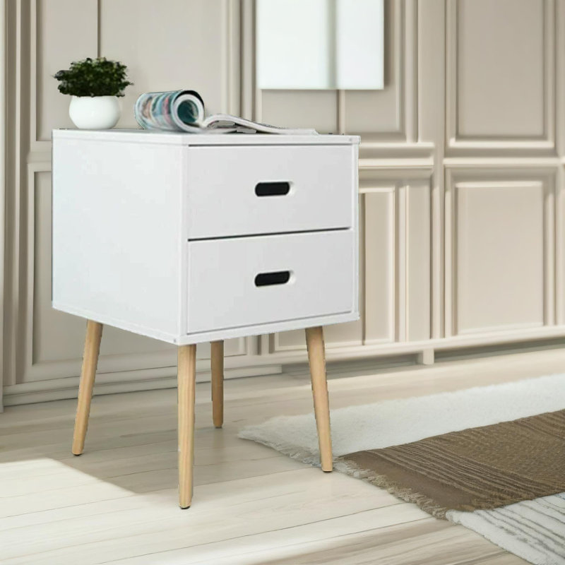 Nitul Bedside Table with 2 Drawers, Wooden Legs, End Side Sofa Tables Bedroom Living Room