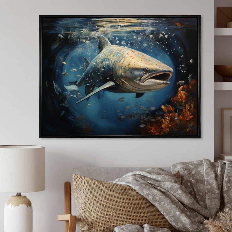 " Gray Blue Shark Elegance II ", 16" H x 32" W x 1" D, Black Floater Framed