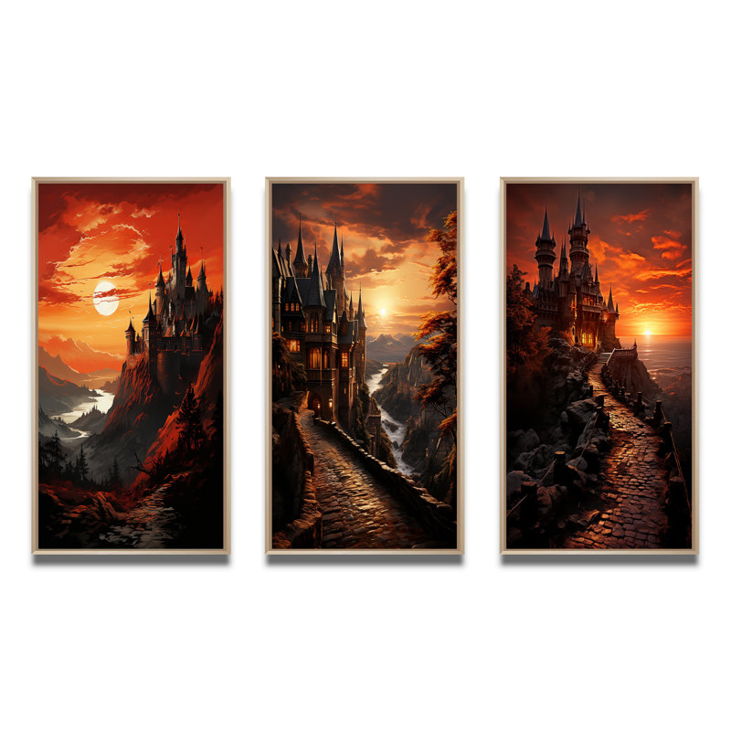 «Castles Sunset Silhouette», 3 pièces, Encadré naturel, H 40 po x l 60 po