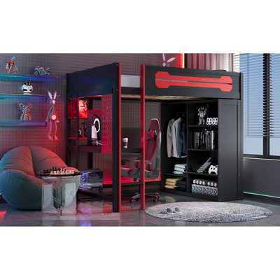Lit mezzanine en bois peu encombrant avec éclairage RVB, conception moderne