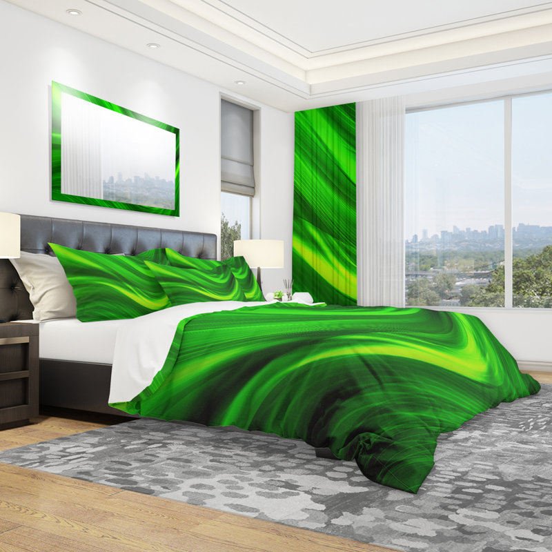 Green Laser - Abstract Duvet Cover Set - Microfiber Polyester, Full/Queen Duvet Cover + 2 Shams