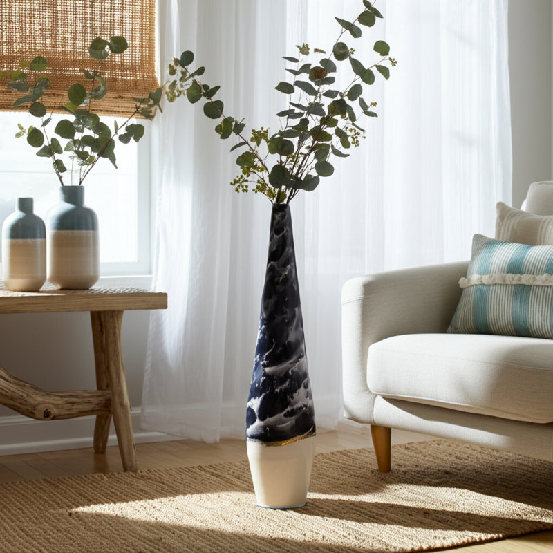 Laynette Metal Iron Vase with Tapered Silhouette and Swirled Design, Waves Blue, 35" H x 9" W x 9" D