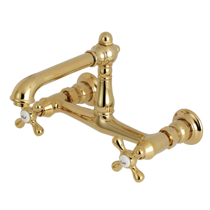 Kingston Brass English Country Two-Handle 2-Hole Wall Mount Bathroom Faucet, Polished Brass