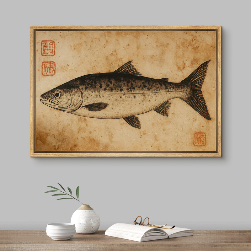 «Vintage Fish with Marks in Brown Tones», reproduction d'art sur toile encadrée, Cadre naturel, H 16 po x l 24 po x P 1,5 po