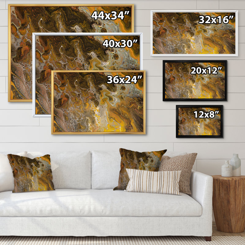 Marbre brun et jaune - art moderne sur toile, H 16 po x l 32 po x P 1 po, Toile avec cadre flottant blanc