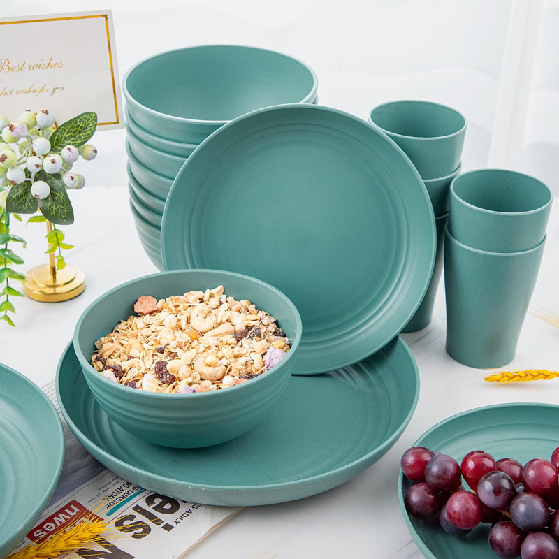 Dark Green Wheat Straw Unbreakable Dinnerware Set for 8
