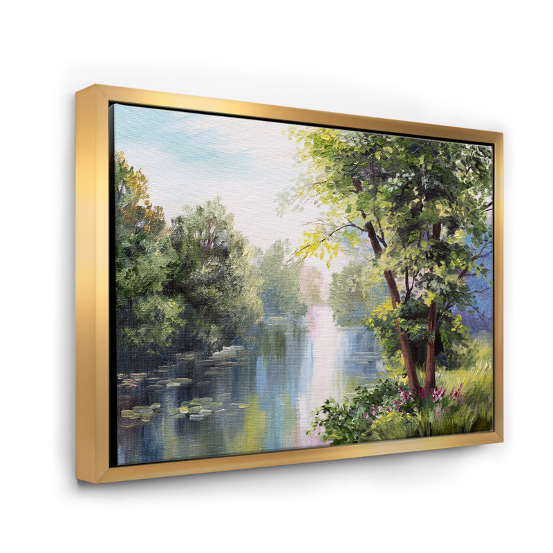 Landscape - Lake In The Forest Summer Day - Landscapes Canvas Wall Art, 24" H x 32" W x 1" D, Gold Floater Frame