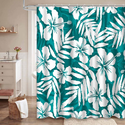 Rideau de douche imperméable Hibiscus Hawaiian Blue Palm avec 12 crochets