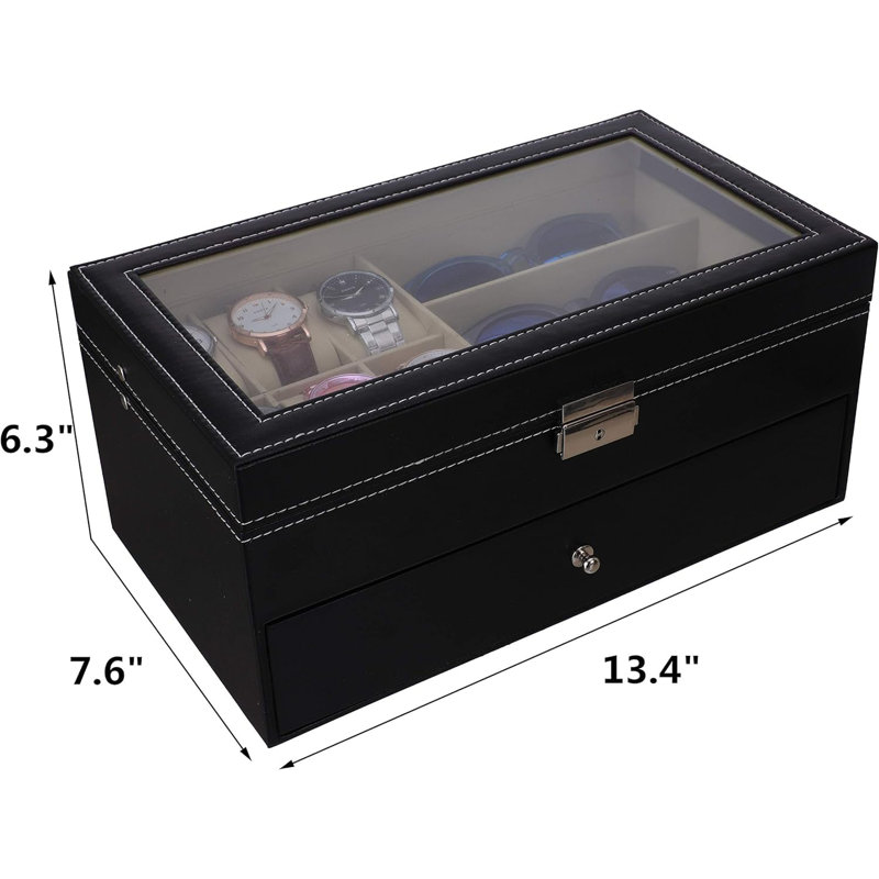 Leather Watch Box And Sunglass Glasses Case Organizer And Jewellery Display Drawer Lockable Case Organizer Black