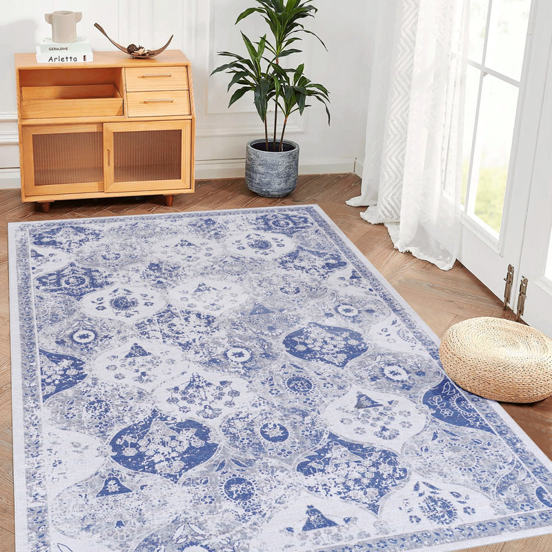 Area Rug, Blue Washable Rug (Blue), Rectangle 5' x 8'